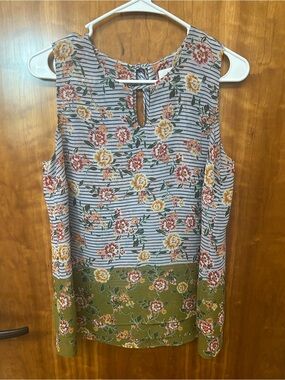 CAbi Penelope #5354 Floral Stripe Sleeveless Top in Olive, Blush, Yellow